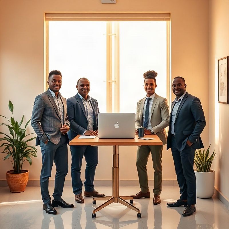 Small consultancy team around a standing desk in a bright Nakuru workspace