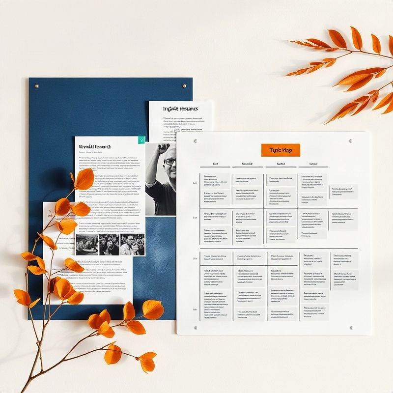 Indigo-tinted editorial mood board with keyword research and topic map