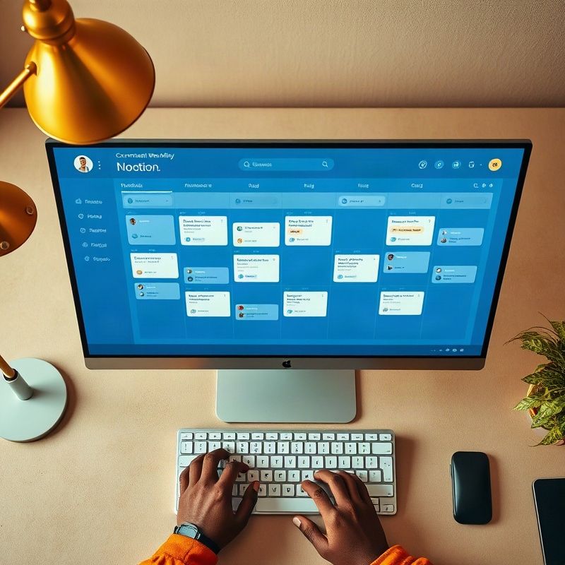 Content workflow dashboard with indigo UI cards on a large screen